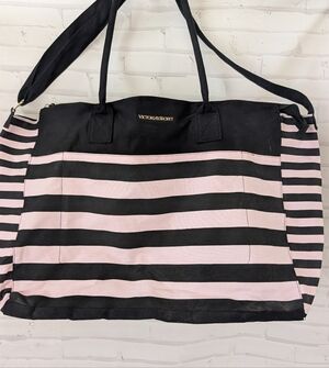 Victoria's Secret Black and Pink Striped Women's Bag With Cosmetic Bag